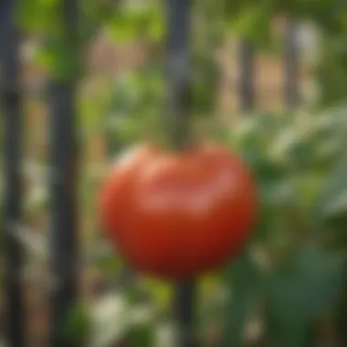 A close-up of a trellis clip securely holding a tomato vine to a support structure