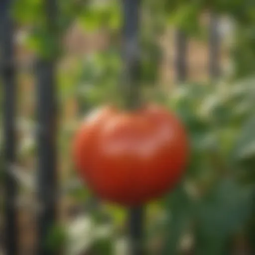 A close-up of a trellis clip securely holding a tomato vine to a support structure