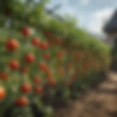 A garden scene showcasing multiple tomato plants supported by a trellis system with clips