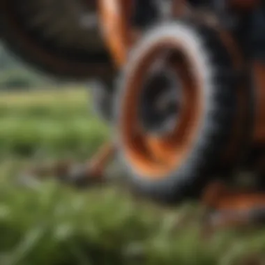 Close-up of trimmer blades and electric start mechanism