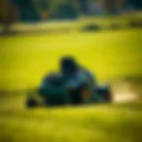 A commercial zero-turn mower navigating a large lawn with precision.