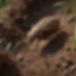 A close-up of a burrowing insect in soil