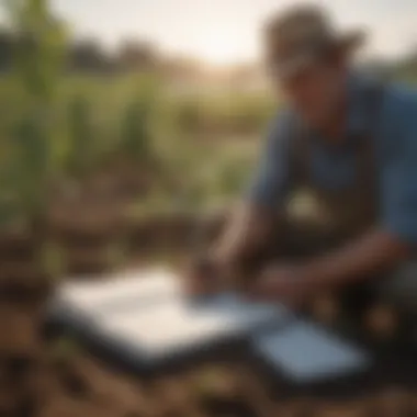 A farmer inspecting crops with a notebook and tools nearby