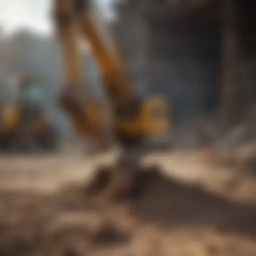 Excavator jack hammer in action on a construction site