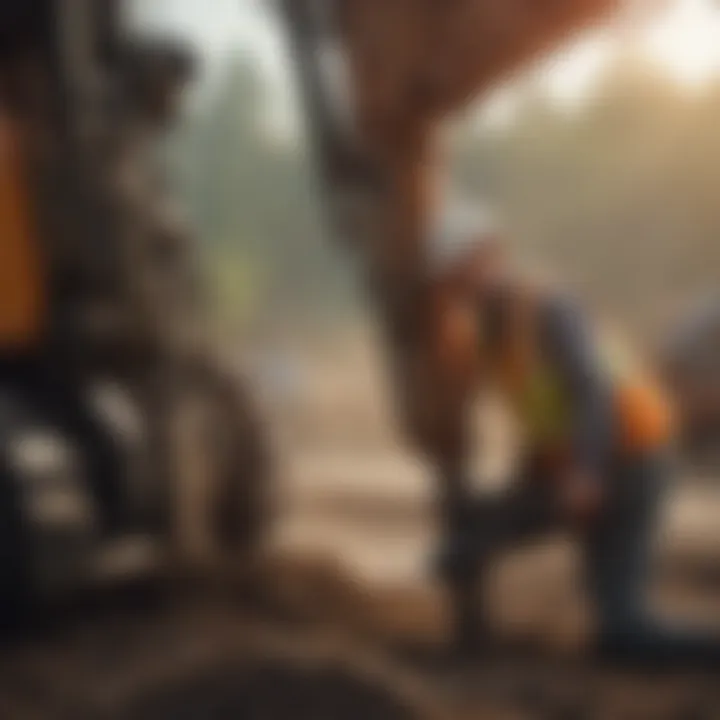 Worker performing maintenance on an excavator jack hammer