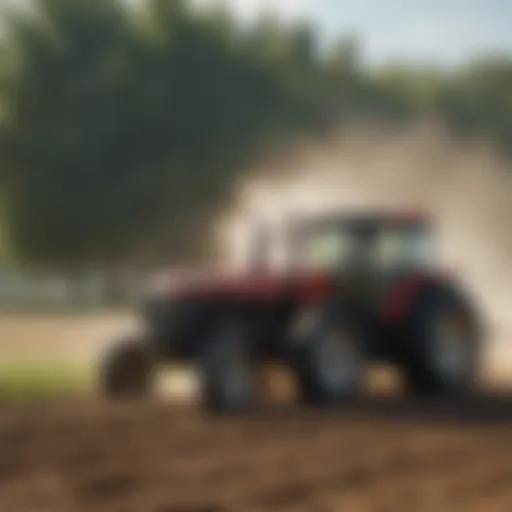 Wide shot of a tractor equipped with a fertilizer sprayer in a field