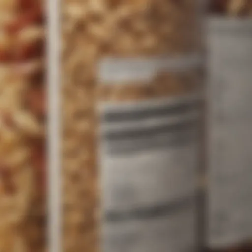 A close-up view of various food labels showcasing different nutritional information.