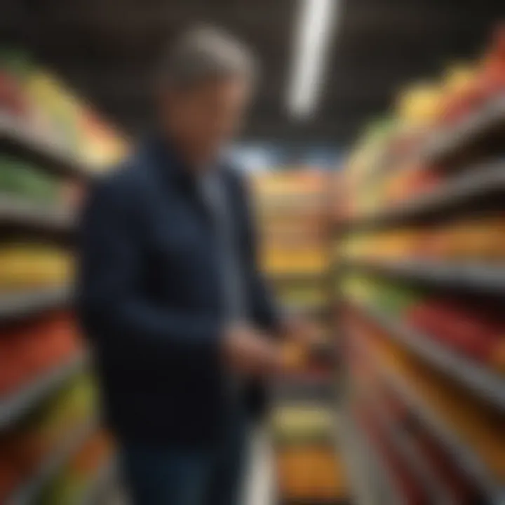 Consumer examining fruit labels in a grocery store