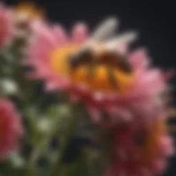 A close-up of honey bees pollinating a vibrant flower