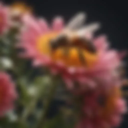 A close-up of honey bees pollinating a vibrant flower
