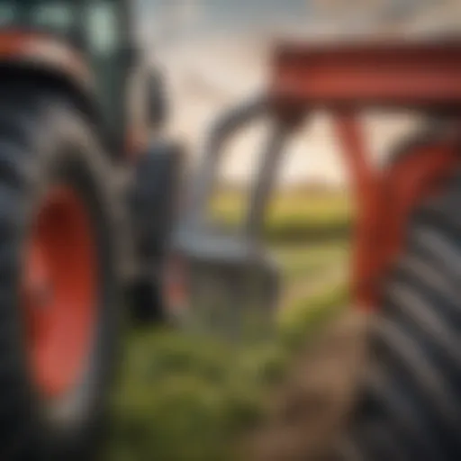 Close-up view of hook-on bucket forks attached to a tractor in a field.