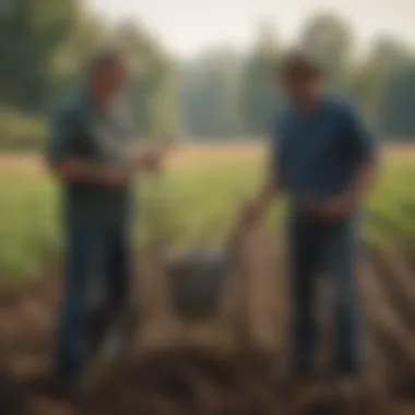 Farmers discussing the advantages of hook-on bucket forks during a field demonstration.