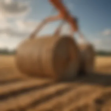 Demonstration of hook-on bucket forks lifting a load of hay bales.