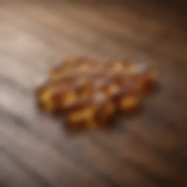 Close-up of vitamin supplement capsules on a wooden surface