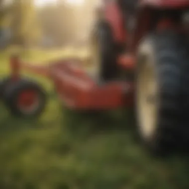 Various agricultural implements compatible with mower sleeve hitches displayed in a field.