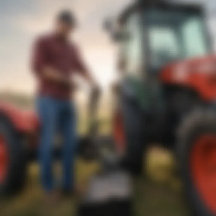 A farmer installing a mower sleeve hitch on a tractor, emphasizing ease of installation.