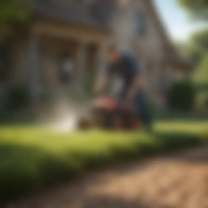 A gardener applying powder fertilizer evenly on a lawn.