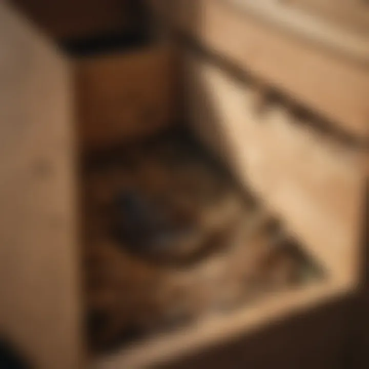 Interior view of a quail nesting box filled with bedding materials