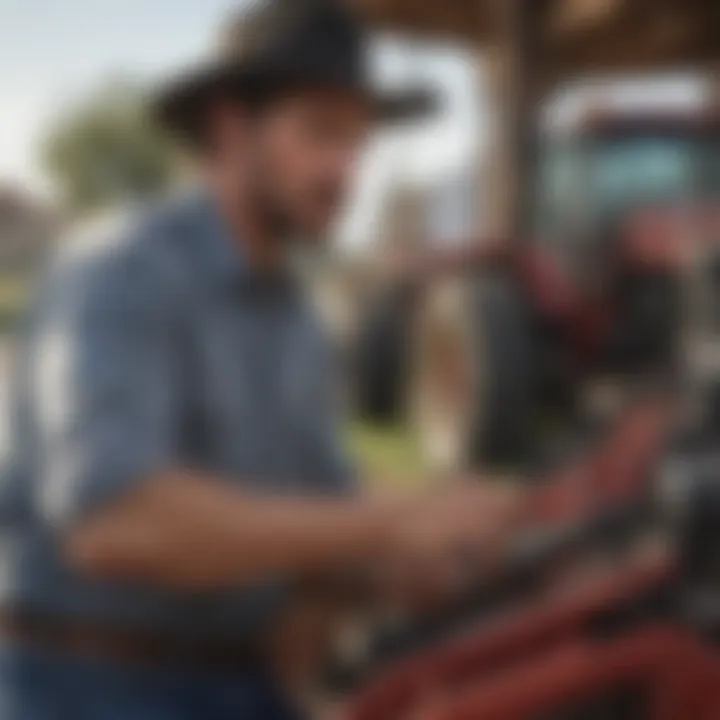 A ranch hand dealer assessing equipment on a farm