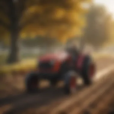 Farmer inspecting plowing results with a subcompact tractor