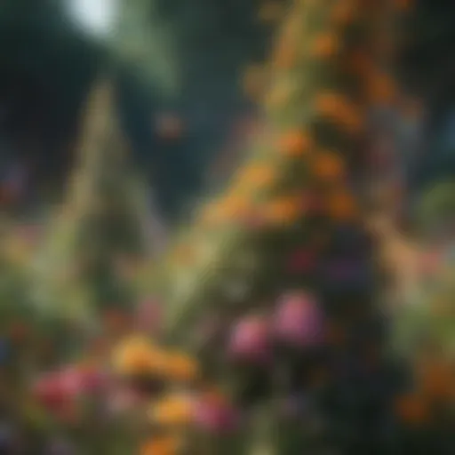 A vibrant garden teeming with diverse flowers attracting bees.