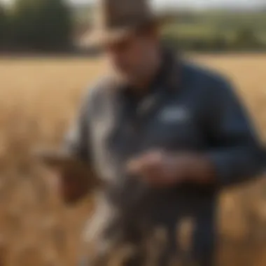 Farmer Data Analysis A farmer analyzing data on a tablet in a wheat field