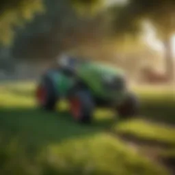 A modern lawn tractor in a lush green field