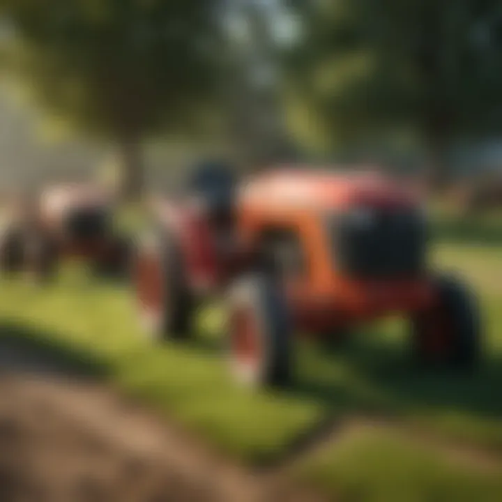Types of lawn tractors displayed in a local farm setting