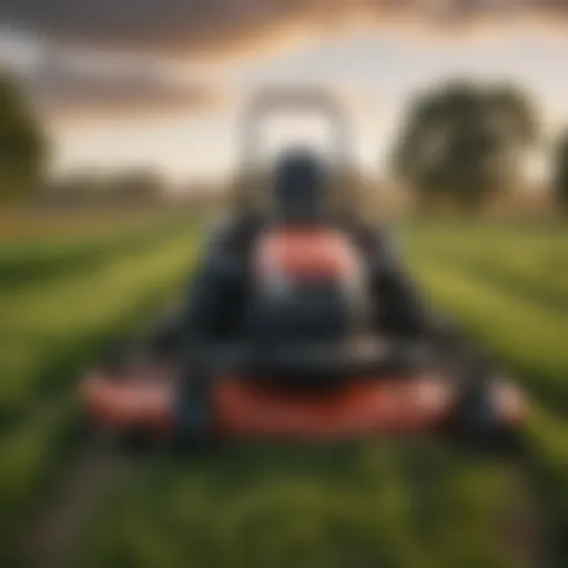 A zero turn mower in a lush green field