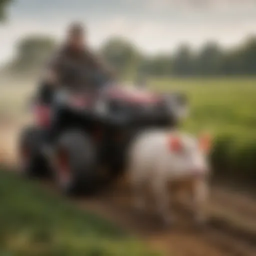 Pull behind bush hog attached to an ATV in a field