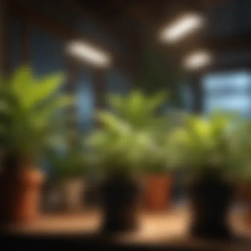 Close-up of stick-on LED grow lights illuminating indoor plants
