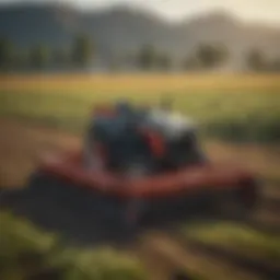 A modern tiller in action across a lush field.