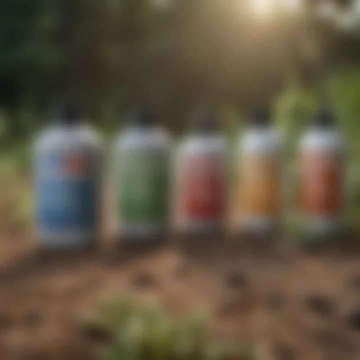 Various yard spray products lined up, highlighting active ingredients used for hookworm control.