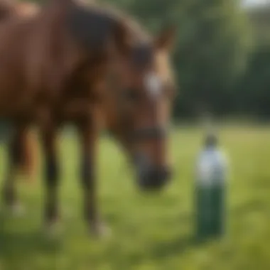 A horse being sprayed with environmentally friendly fly repellent in a green pasture