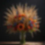 Artistic arrangement of wheat wedding bouquet with colorful flowers