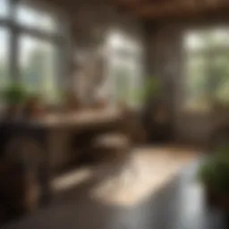 A serene home workspace in an agricultural setting, showcasing productivity tools