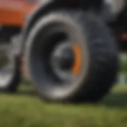 Close-up of a zero turn mower wheel with added weight