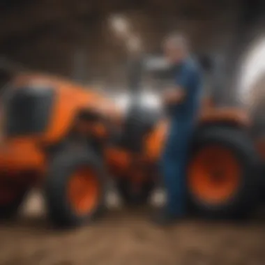 Farmer inspecting a Kubota tractor for maintenance